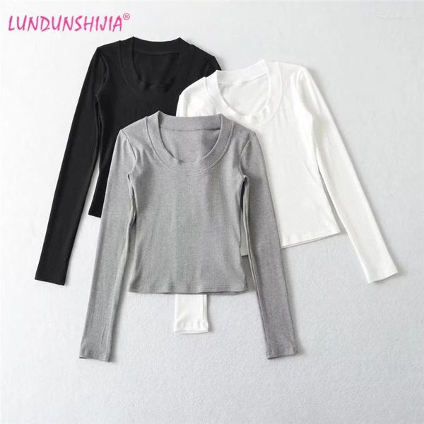 Damen T-Shirts Lundunshijia 2024 Frühlingssommer-Strick-T-Shirts für Frauen Mode weibliche U-Neck Long-Sleeve Solid T-Shirt