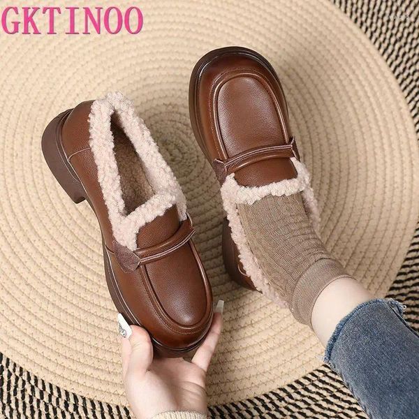 Отсуть обувь Gktinoo Women Loafers подлинная кожа с теплыми плюшевыми квадратными каблуками Классическая модная зима Большой размер 42