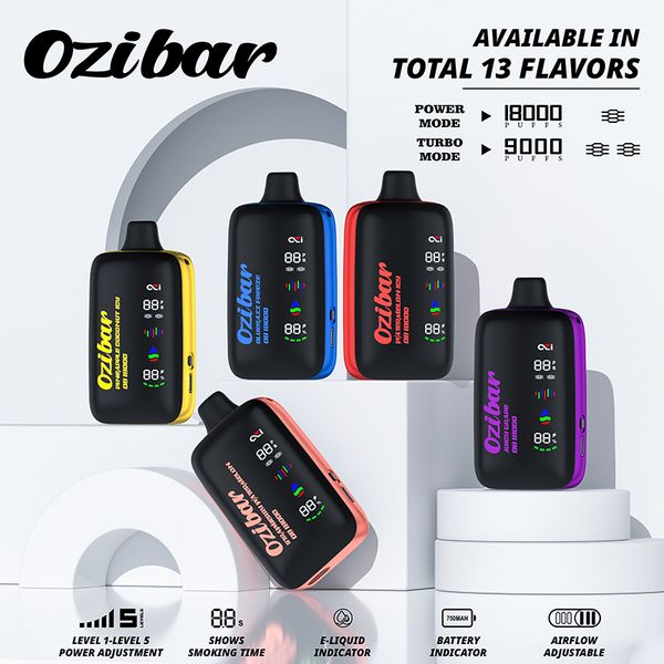 Original Ozi Bar 18000 Puffs Einweg -Vapes 5 Level E Zigaretten Gerät 0.8OHM Dual Mesh Spule 25ml Vape Pen 18k wiederaufladbar Big LED Display Oil und Battery Vaper Pod