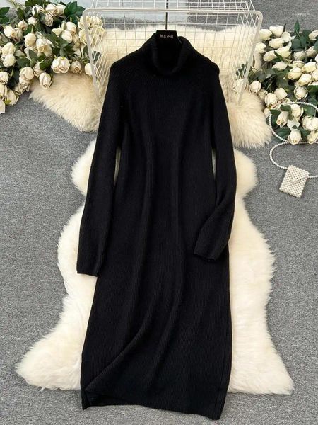 Vestidos casuais Black Turtleneck Dress Dress Long Dress Feminino Autumn Winter Sweater de manga branca solta