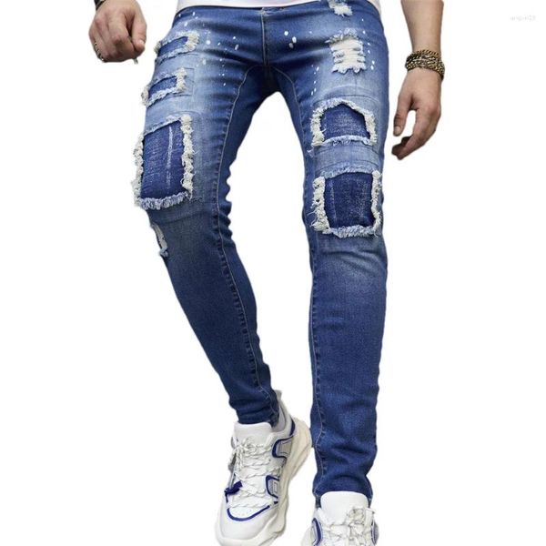 Jeans maschile street style inchiostro fori stampati cerotti uomini eleganti motociclisti maschio hiphop hiphop skinny matit pantaloni in denim