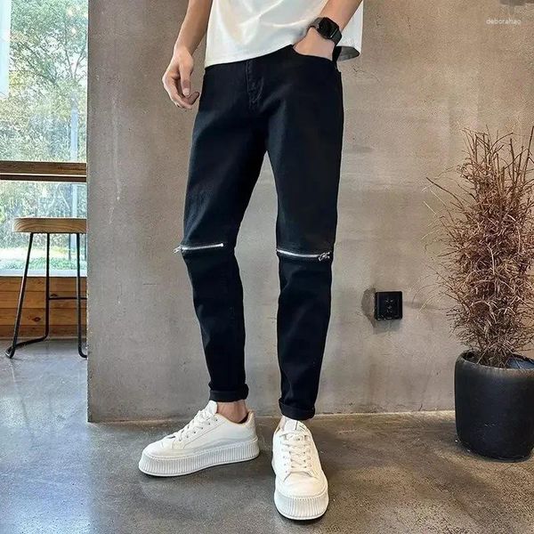 Calça de jeans masculina calça de cowboy preto magro fit