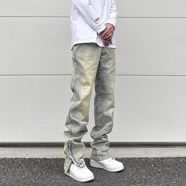 Streetwear Vibe Vintage Distressed Wäschehosen Jeans gelbe Schlamm gefärbt Reißverschluss aufgeteilte Gerade Jeans und Damenkleidung 240415