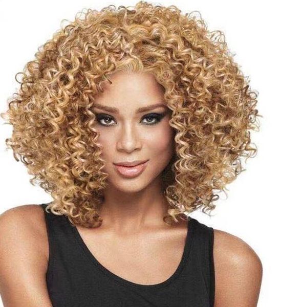 Mode Africa Curly Hair Perücke Mädchen Lady Synthetische Spreng -Kopf Perücken Blonde Farbe Kurzes lockiges Haar Perücken Luxusspitzen -Vorderperücken