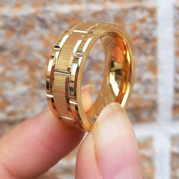 Eheringe Herren Mode einfache Wolfram Carbide Gold Farbe gerillte Ring Herren Verlobungs Ehering Band Party Jubiläum Geschenkschmuck Schmuck