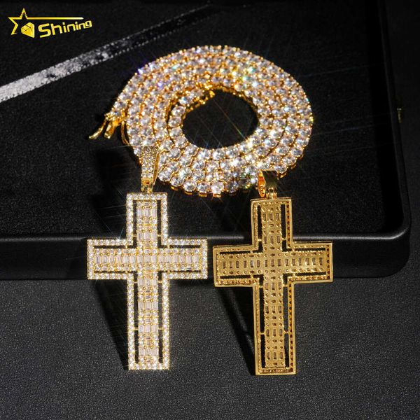 ECED Out Gold Plated Latin Cross 925 Sterling Silber Diamond Anhänger Neuankömmling Baguette Moissanit Cross Anhänger mit Halskette -Schmuck Schmuck