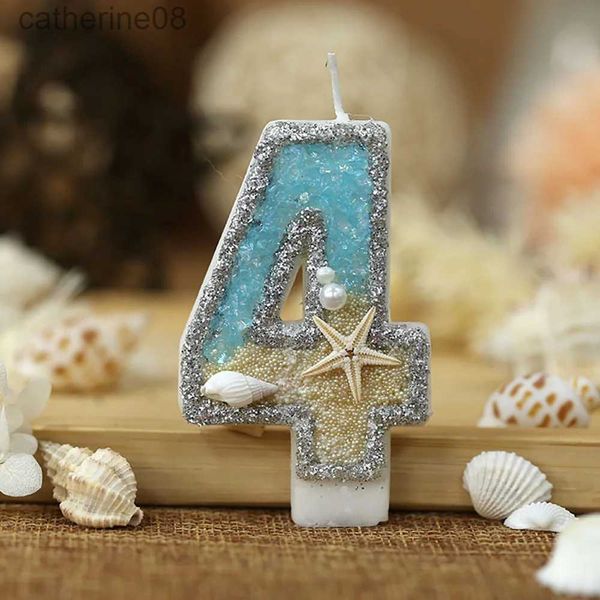 Kerzen 3inch Geburtstag Kerze Große Nummer 4 Kerzen Marine Style Strand Seemells Kuchen Topper für Kinder Geburtstagsfeier Dekoration D240429