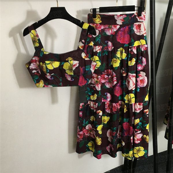 Blumenmuster Falten Rock Schlinge Weste Damen Kleid zweiteiliger Designer sexy Tanktop -Hochtüfende Röcke Sets für Party Nachtclub