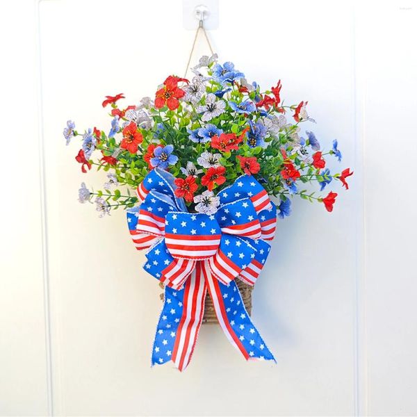 Flores decorativas 4 de julho da coroa da porta da frente da independência Dia Vermelho Azul Branco Branco Artificial Cesta de Flores Decoração Home