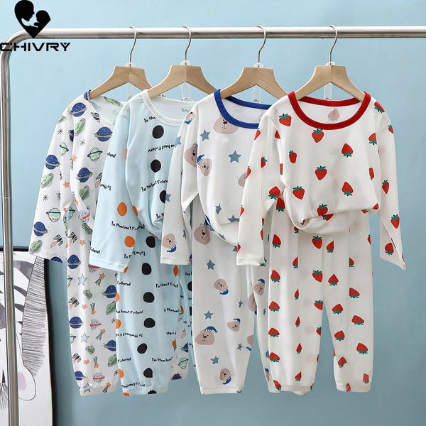 Crianças de verão fino pijama sets meninos meninas meninas gelo desenho animado de seda longa de manga longa tops com calças roupas de dormir para bebê em casa 240424