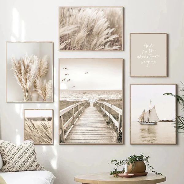 Pictures de arte de parede de grama bege de flores de bege pintura de telas bohemia praia pôsteres de impressão nórdica decoração de casa moderna 240424