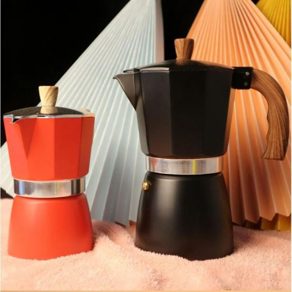 Setler 300ml 6 Porsiyon Alüminyum Moka Pot, Espresso Penetrasyon Kahve Potu, Self Service Ev Açık Soba Cafe Aracı Sier Kırmızı Siyah