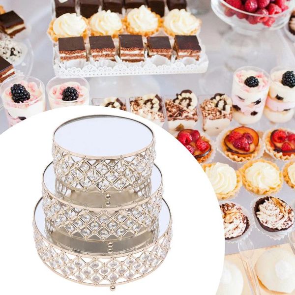 Teller Spiegel Gold Kristall Kuchen Stand rund Cupcake Hochzeits Geburtstagsfeier Desserthalter 3pcs