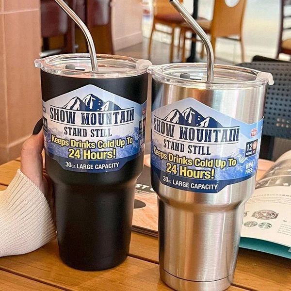 Magic Stainless Stoneless Freeze Thermos Cup com palha de café gelo bebida a vácuo Viagem de carro de garrafa para fora da montanha 240425