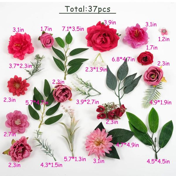 Flores decorativas rosa Red Red Logo Flower Combo Conjunto /37pcs Faux for Diy Crafts Bouquets Bouquets Floral Artless Wreath Wedding Party Decor