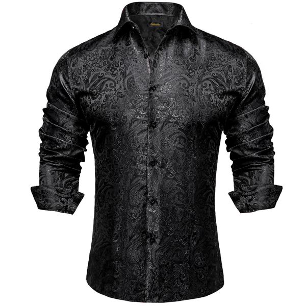 Camisas de seda de paisley preto de manga longa