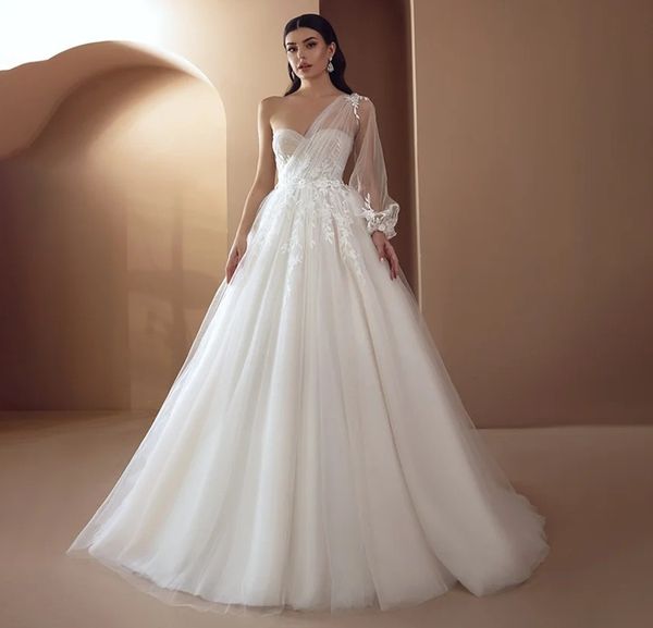 Elegantes A-Line-Hochzeitskleid 2024 Schatz eine einzige Langarm-Spitze-Applikationen Tüll Brautkleider Braut Vestidos de Novia Robe de Mariee