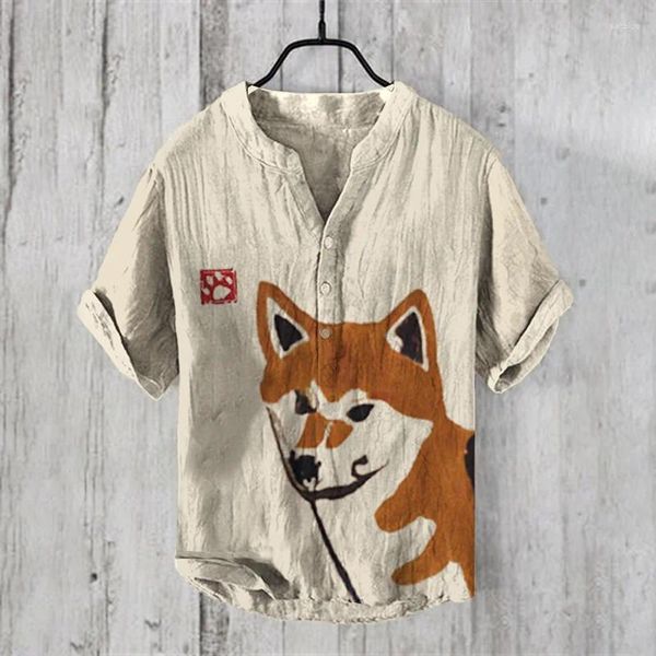 Camicie casual maschile estate Henley Short Short Short Maniche vintage T-shirt Cross Border Border Button a V-Neck Japanese Art Print Tops