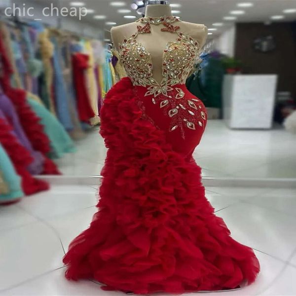 EBI Mermaid Aso Red Prom Dress Crystals Crystals Tiers Tulle Evening Formale Party Secondo ricevimento di compleanno abiti da fidanzamento di compleanno Abiti abiti DE DE HEIREE ZJ ES