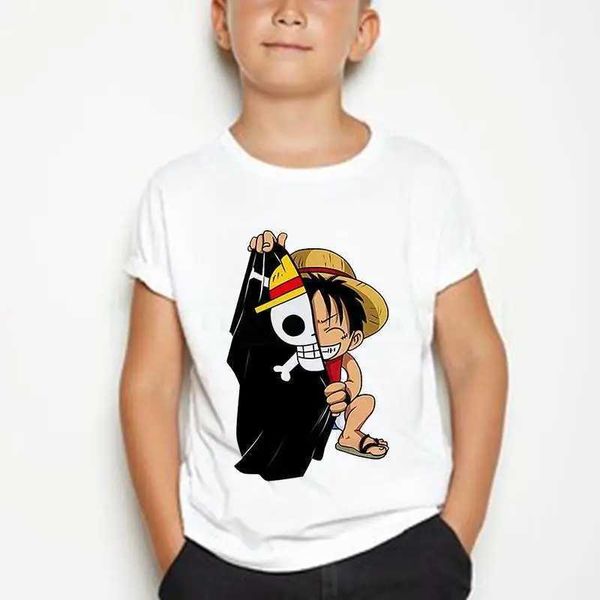 T-shirts Summer Boys/Girls Casual Cavai Cartoon Cotton Cotton Japanese Anime One Piece Childrens T-Shirtl2404