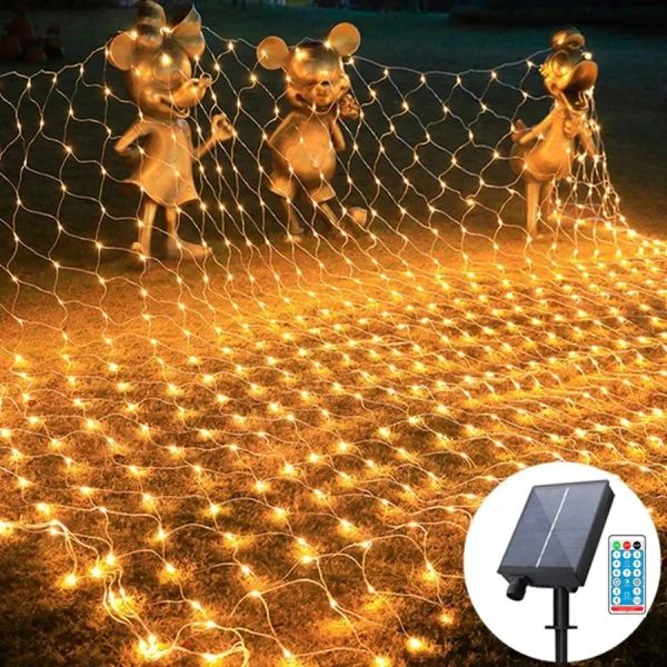 Dekorationen Solar- oder EU -Stecker 3*2m LED -Netzlichter im Freien Net Mesh Treewrap Lichter Vorhangkettenleuchten für Fenster Wandgarten Zaun Dekor