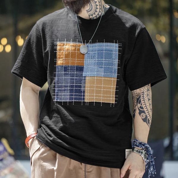 Madden Summer Japon Vintage Nefes Alabilir Bambu Eklemi% 100 Saf Pamuk T-Shirt Kare Düzensiz Ekleme Kısa Kollu Erkek Üst 240426