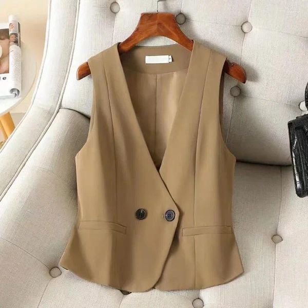 Frauenwesten Frühlings Sommer Kurzanzüge Weste Frauen Knöpfe Schwarze Khaki Weste weibliche Oberbekleidung Blazer Coat Korean Style V330