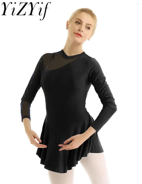 Stage Wear Women Mangas compridas Ginástica Skirted Leotard Halter Backless Ballet Dance Awear Figurando Figurino de Performance