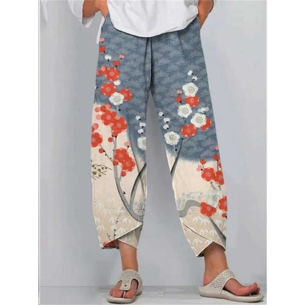 Женские брюки Capris Летние повседневные цветочные штаны для печати винтажные брюки Y2K Strtwear Женщины свободные пляжные брюки карманы Capri Women Pantn Chic Y240429
