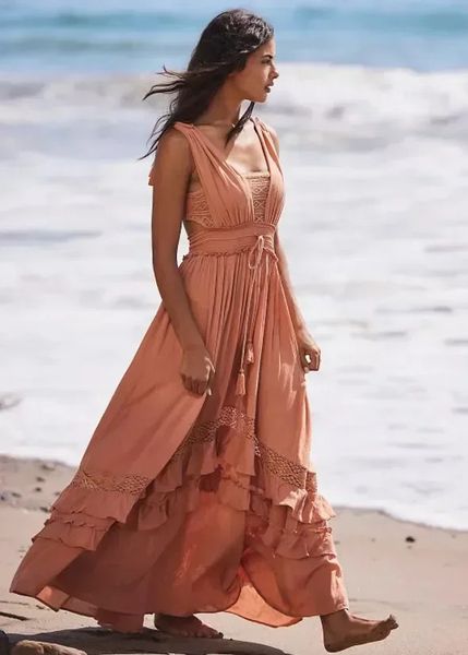 CANWEDANCE Vestido de praia de verão sem mangas vestidos maxi de algodão boho cor de cor sólida renda com babados de vestido de verão Mujer vestidos 240415