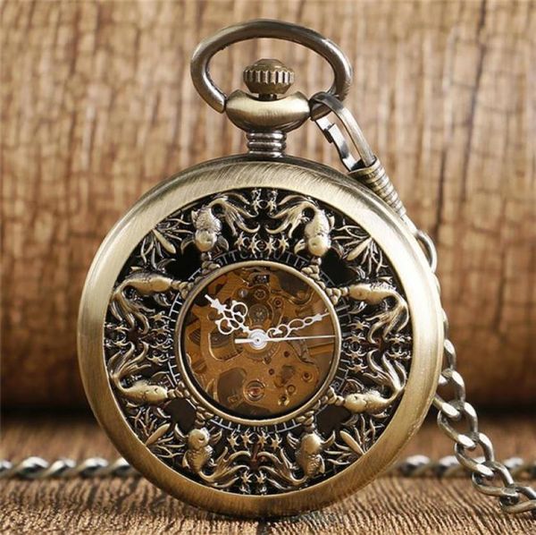 Steampunk Bronze Cavalna graziosa copertina di pesce rosso vento meccanico orologio meccanico fob scheletro orologio catena a ciondolo agli uomini wo8132682