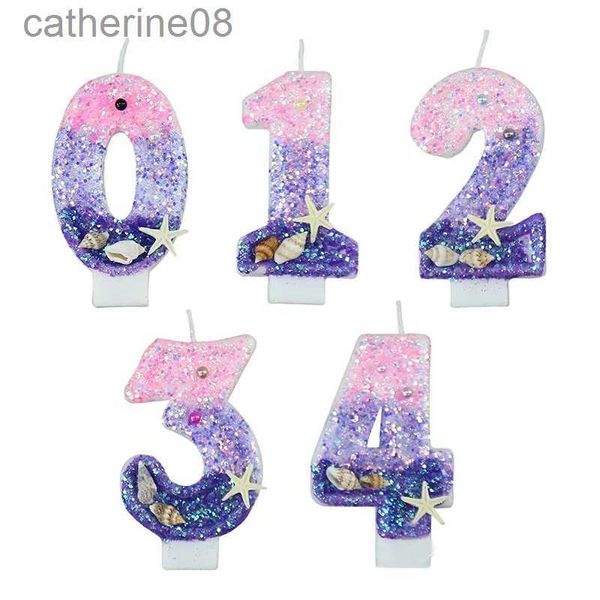 Velas menina número de aniversário vela bolo de capota de púrpura púrpura infantil festeira de bebê de um ano decoração de sereia assadeira d240429