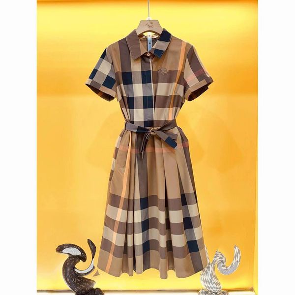 Designer Ladies Plaid Letter-Print-Shirt Kleid Damen Open-Hals-Button Vintage Striped Kurzärmelig-Gürtel Kleid B23