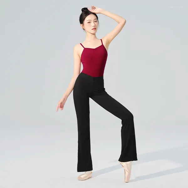 Calça de dança de balé de picape para mulheres meninas modal flare calça longa cintura ginástica preta da cintura