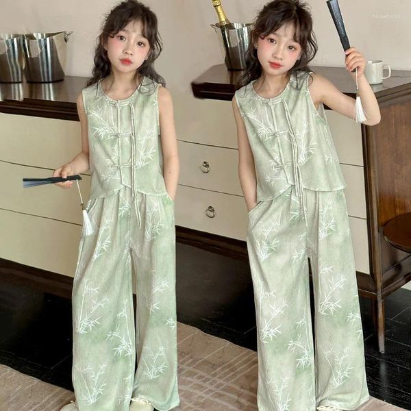 Set di abbigliamento design in stile cinese adolescenti abiti da ragazza jacquard cappotto pantaloni gamba larga set da due pezzi set 4-15 per bambini abiti per bambini