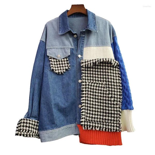 Giacche da donna Superaen Plaid Punta Punta Punta a maniche lunghe a maglia Contrasto Colore Denim Donne Spring e Autunno 2024 Coat casual