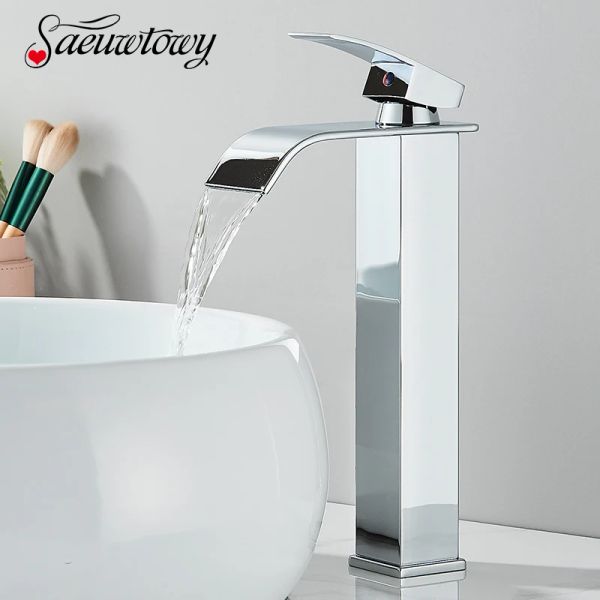 SET Chrome High Style Syster Harding Water Crashed Nickel Basin Basin Paucet Waterfall Spout Hot -Cold раковина смеси