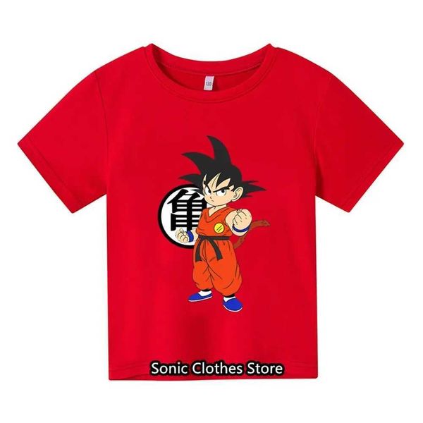 T-shirts 2024 Novos meninos e meninas T-shirt Goku Cartoon Impresso Childrens Lazer ao ar livre de manga curta 2404