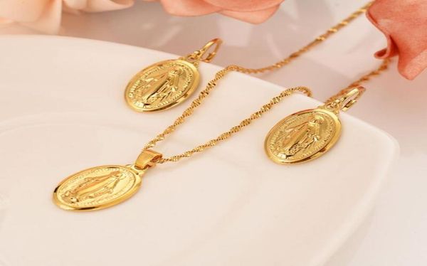 Orecchini a sospensione della collana vergine Mary Madre set 14 k Solido paesi religiosi cattolici pieni di oro matto per le donne5565748