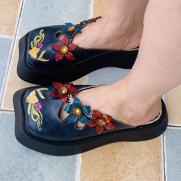 Terlik 5cm Kadın Sandalet Moda Aplikler Çiçek Platformu Tasarımcısı Yaz Yenilik Otantik Zarafet Orijinal Deri Ayakkabıları