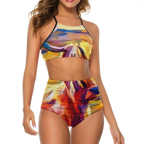 Menas de banho feminina Highland Cow Bikini Swimsuites Sexy Animal High Set feminino Feminino Torda de banho de duas peças Bathini Bioxini Plus Tamanho