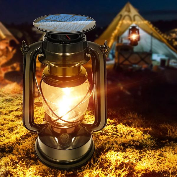 LED Solar Vintage Lantern Outdoor sospeso in metallo antico USB Ricarica solare per decorazioni da giardino o escursioni in campeggio 240419 240419