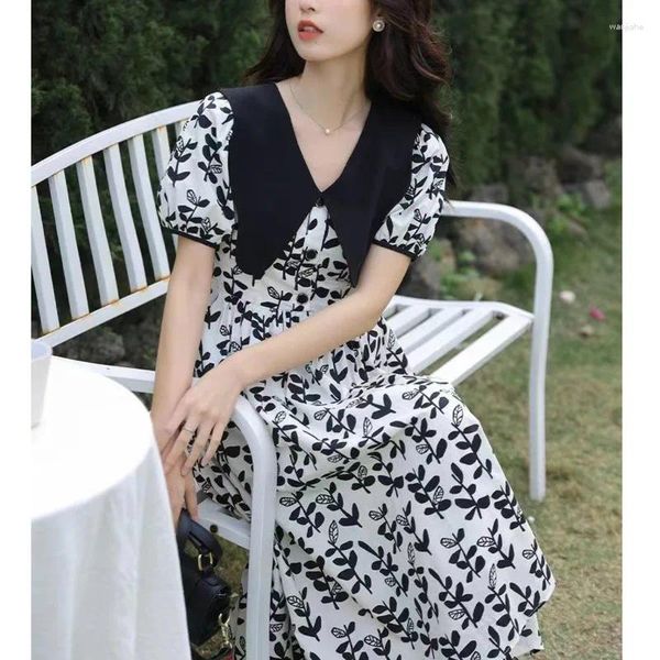 Abiti casual moda estate da donna a maniche corte eleganza floreale abito a metà lunghezza Ladies Office Lady Black White for Women Abbigliamento 2024