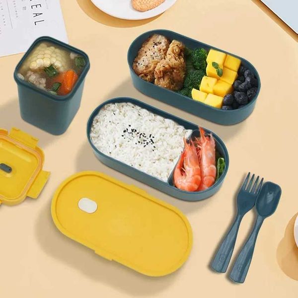 Bento kutuları Çatal ve kaşıkla yeni çift katmanlı sağlıklı malzeme öğle yemeği kutusu Mikrodalga Bento Kutuları Yemek Takımı Set Gıda Depolama Konteyneri