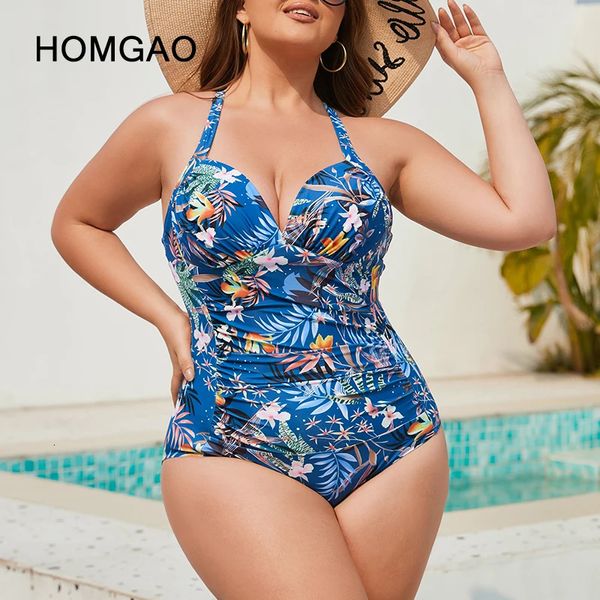 Homgao blauprint ein Stück Frauen Badeanzug sexy Vneck Badebode Plus Size BodySuit Badeanzug Monokini 240416