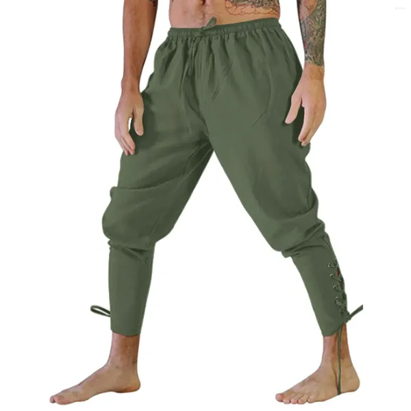 Pantaloni da uomo uomini pantaloni medievali bande gamba per adulti pantaloni sciolti Halloween per costumi di cosplay da uomo allacciato