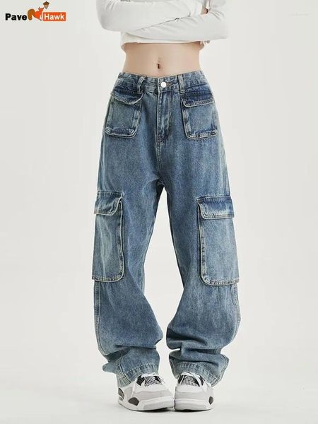 Мужские джинсы Винтажные мульти карманные мужчины Женщины, расстроенные прямые штаны для ног в американском стиле мешковатые корейские брюки весна