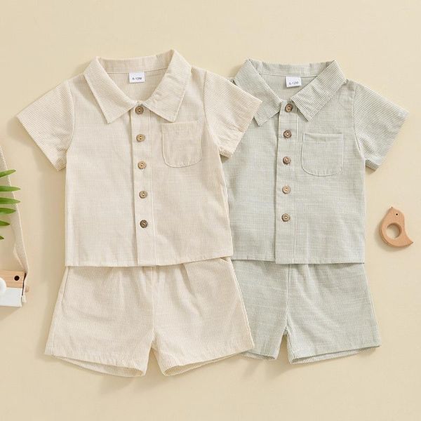 Roupas conjuntos de crianças meninas de meninas listradas roupas de verão de manga curta Botões do pescoço de lapela camisas e shorts elásticos de faixa