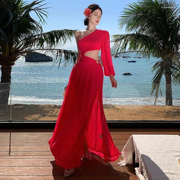 Lässige Kleider Chic Mode Frauen Sommer sexy asymmetrische Kragen Langarm Beach Boho Holiday Hollow out Maxi