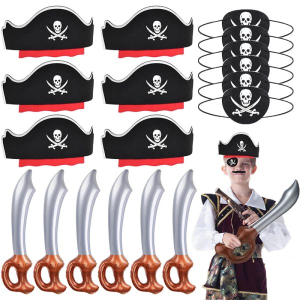 Toys 624 Sets Kinder Pirate Geburtstagsfeier bevorzugt Kapitän Pirate Hut Kostüm Augen Patch Iatable Schwerter Erwachsene Halloween Cosplay